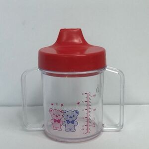 1990s baby doll sippy cup red lid red blue bears play house play pretend vintage